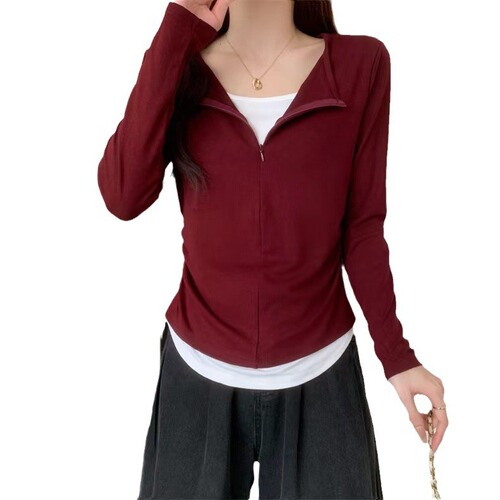 Angola Red False Zip Long-Sleeve T-Shirt for Women, Slim-Fitting, Outerwear for Autumn, Large Size Base Shirt Top