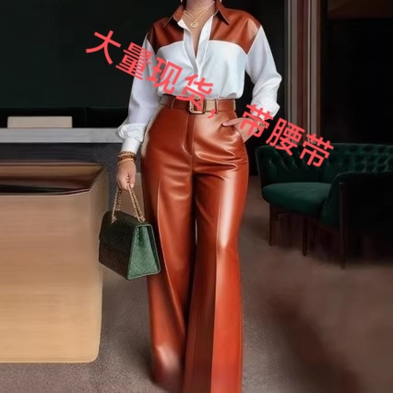 Amazon Cross-Border European and American Foreign Trade Style Elegant Commuter Women's Long-Sleeve Shirt with Belt and Wide-Leg Leather Pants Two-Piece Set Amazon Cross-Border European and American Foreign Trade Style Elegant Commuter Women's Long-Sleeve Shirt with Belt and Wide-Leg Leather Pants Two-Piece Set