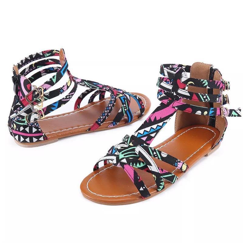 Hot-selling ethnic-style flat sandals in 2021, multi-color snake-patterned lace buckle women's sandals for export, large-sized consignment Specification drawing
