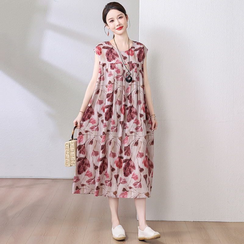 お母さんの綿のシルクのワンピースの半袖の中で老年の夏服の大きいサイズの婦人服は太ってゆったりしている人工綿のスカートの女性をプラスします。|undefined