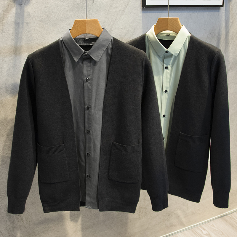 2026 Spring and Autumn Fake Two-Piece Knitted Cardigan Sweater Men's Shirt Trendy Korean Style Business Formal Jacket Dress
