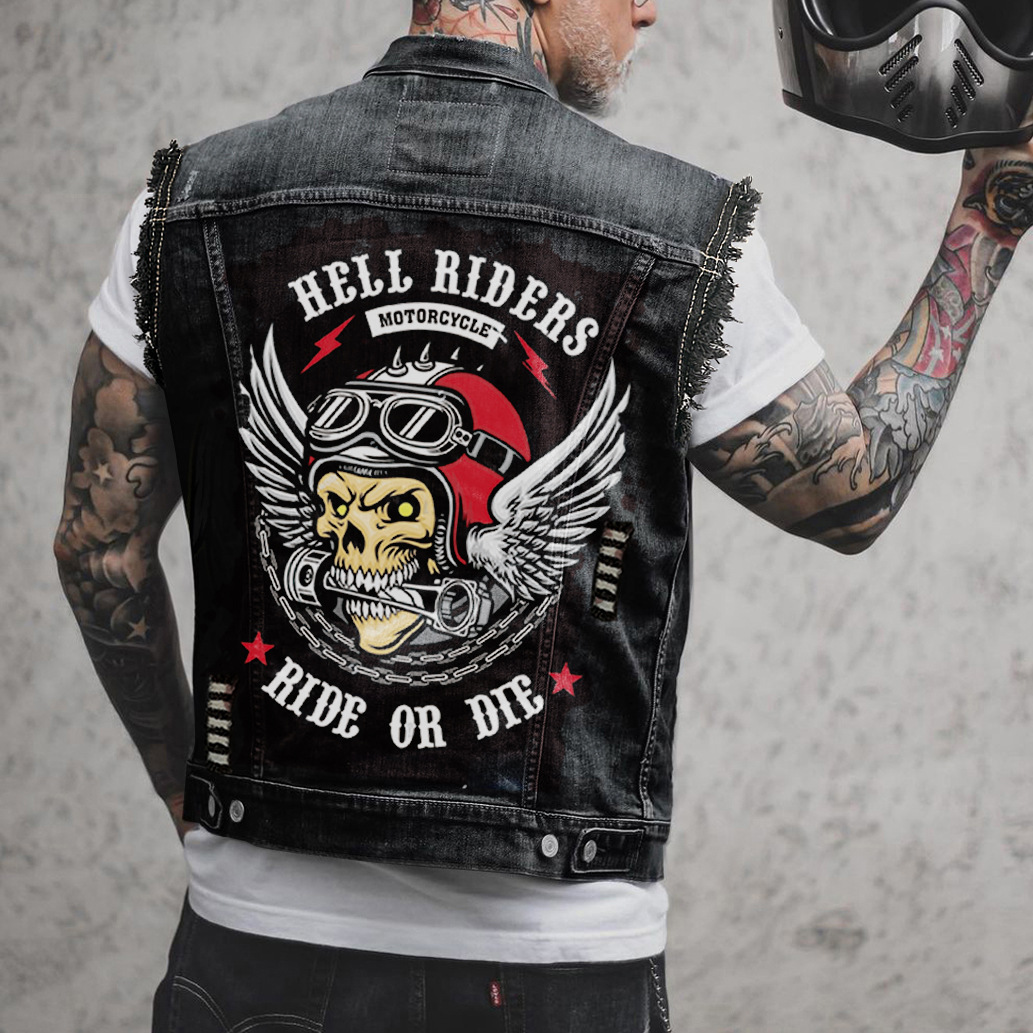 Casual Motorcycle Bone Print Punk Denim Vest