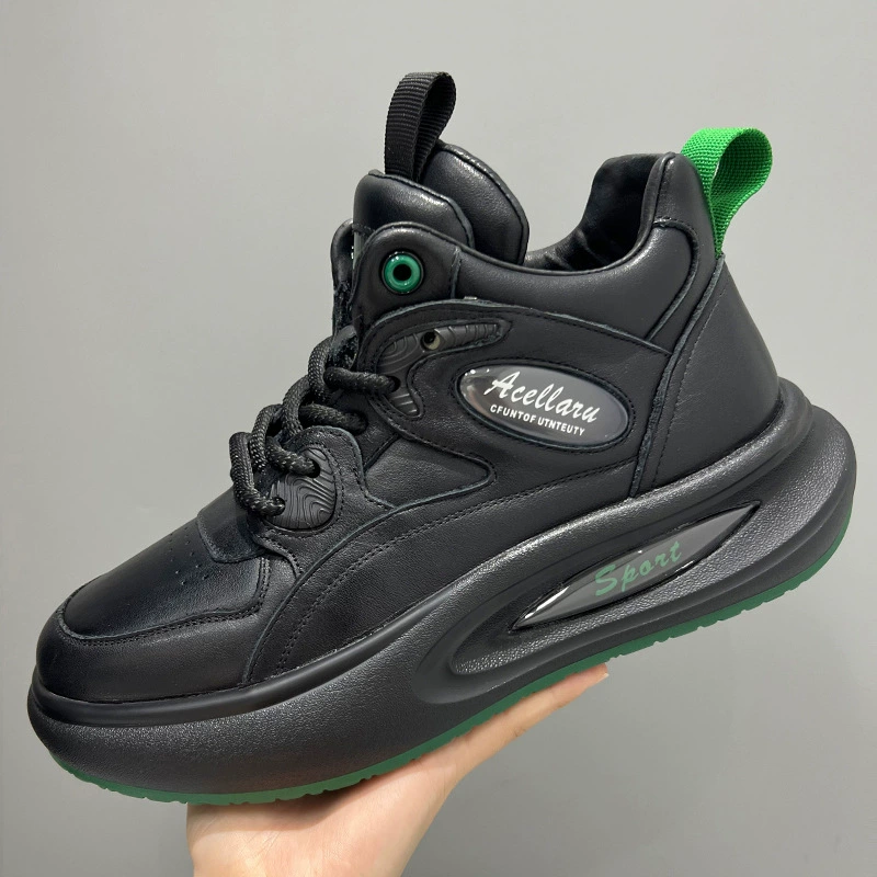 Кожаные высокие ботинки мужские спортивные повседневные ботинки осенью и зимой плюшевые теплые черные приливные ботинки толстые подошвы легкая обувь мужские