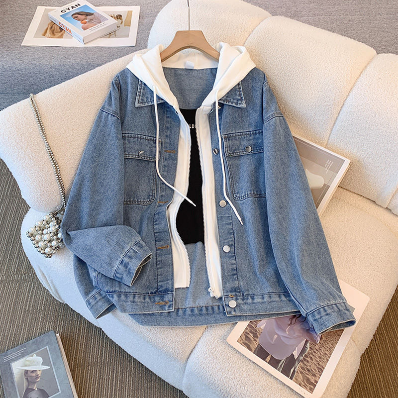Fake Two-Piece Hooded Denim Jacket for Women 2025 Spring & Fall New Loose Retro Hong Kong Style Student Versatile Jacket Top