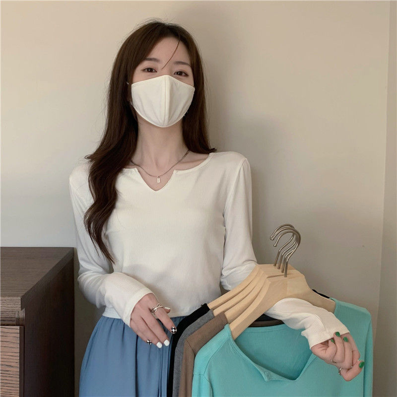 Puro deseo superior camiseta de las mujeres de primavera y otoño diseño sentido nicho nuevo dulce chica caliente manga larga corta delgada con cuello en v camisa de fondo image 5