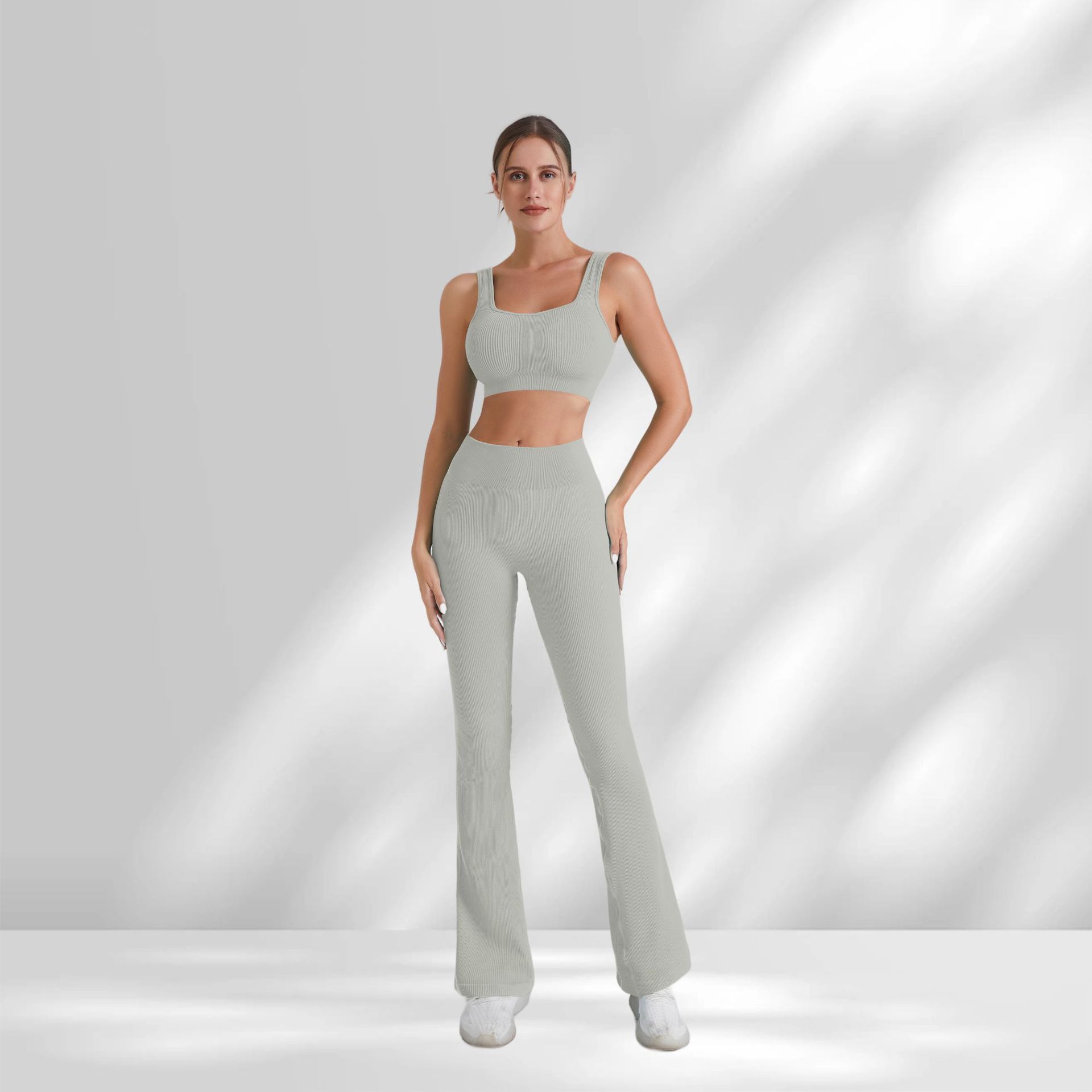 Ropa de yoga sin costuras europea y americana para deportes de mujer, chaleco envolvente de burbujas para correr, cintura alta, levantamiento de cadera, pantalones acampanados, pantalones de fitness