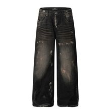 FX087美式复古中性潮流水洗黑泼墨高级感设计男式宽松跨腿牛仔裤