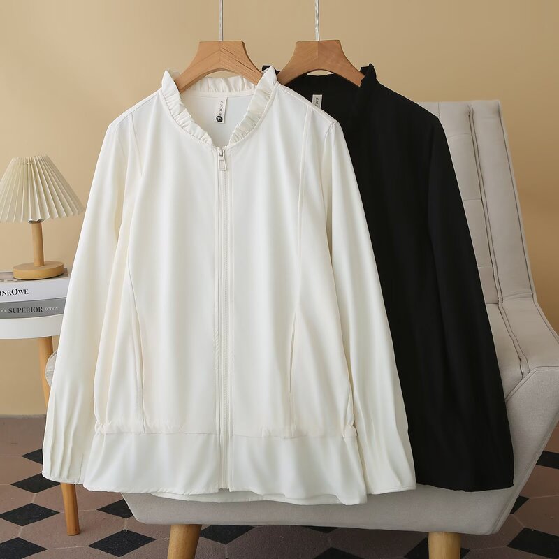 Plus-size women's jacket, 2026 early autumn new collection, featuring a ruffled trim, stand-up collar, tie-waist design, and long sleeves for a slimming effect. Style 2611 Plus-size women's jacket, 2026 early autumn new collection, featuring a ruffled trim, stand-up collar, tie-waist design, and long sleeves for a slimming effect. Style 2611
