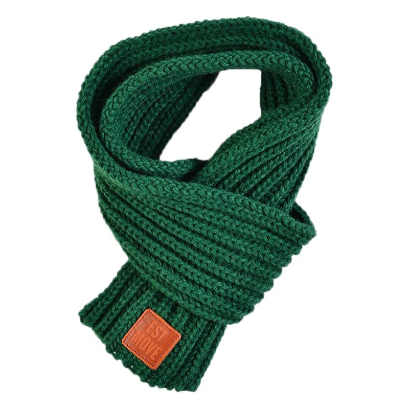 W1 K-Style 2024 New Wool Knitted Leather Label Scarf for Boys and Girls Pure Color Simple Autumn and Winter Baby Warmth
