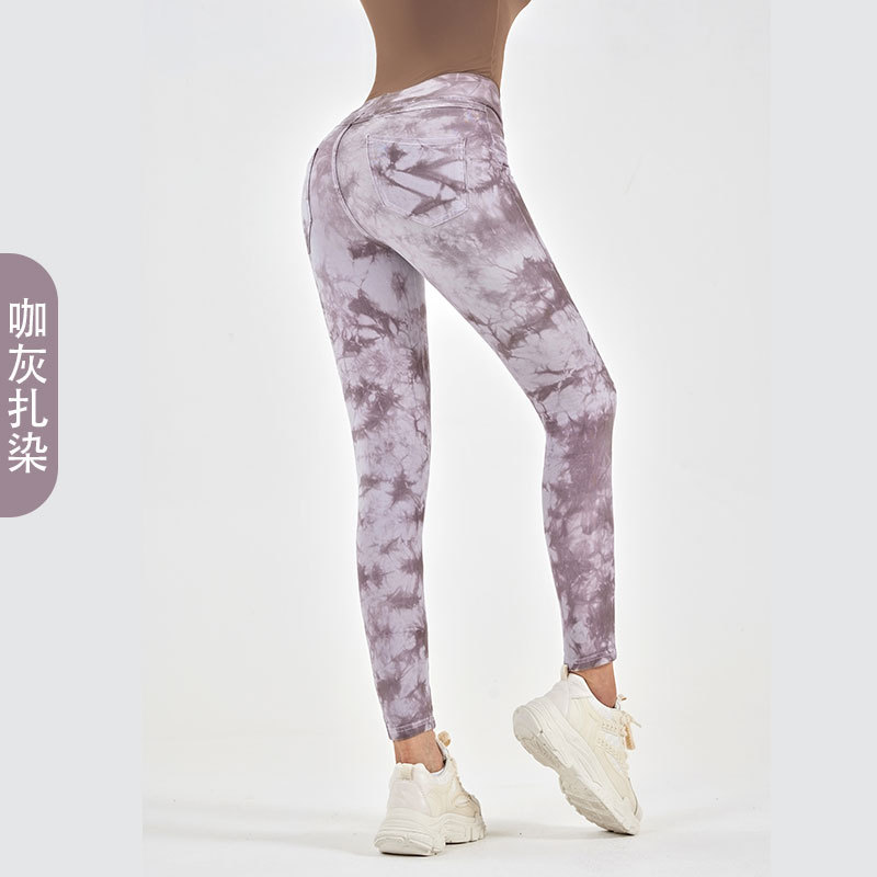Pantalones de fitness de mezclilla teñidos de cintura alta transfronterizos nuevos pantalones de fitness de cintura alta elásticos de las mujeres que adelgazan la cadera apretados yoga deportes pantalones Casuales