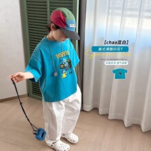 男童短袖潮款上衣潮酷色彩片段”夏季儿童卡通印花洋气宝宝蓝色