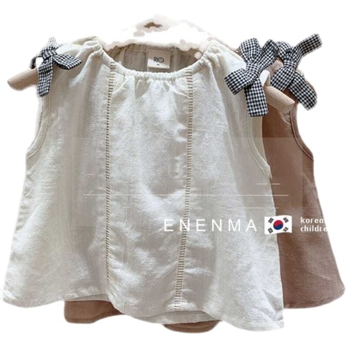 Korean Children's Summer  Sleeveless Blouse for Girls, Loose Cotton-Linen Button-down Shirt with Butterfly Bow, Simple and Elegant Children's Top