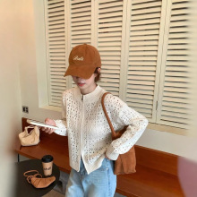 韩系镂空钩花开衫外套女2025春秋薄款温柔慵懒小香风上衣立领毛衣