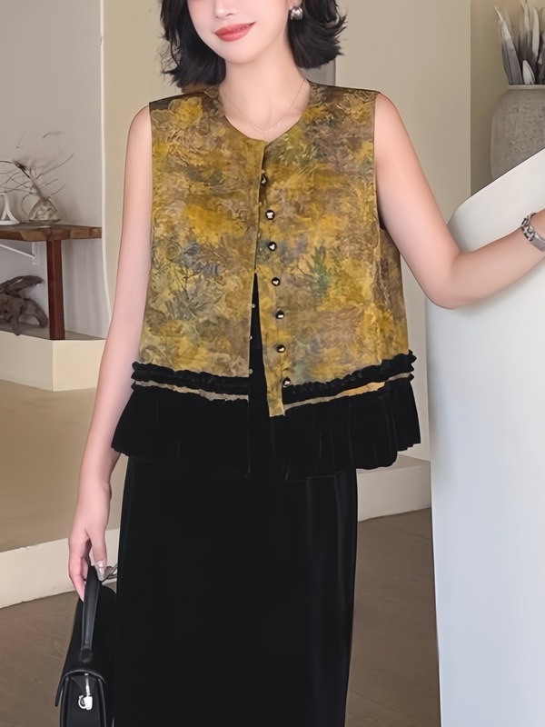 新中式高级感拼接丝绒马甲2025秋季新款复古气质减龄宽松遮肉上衣|undefined