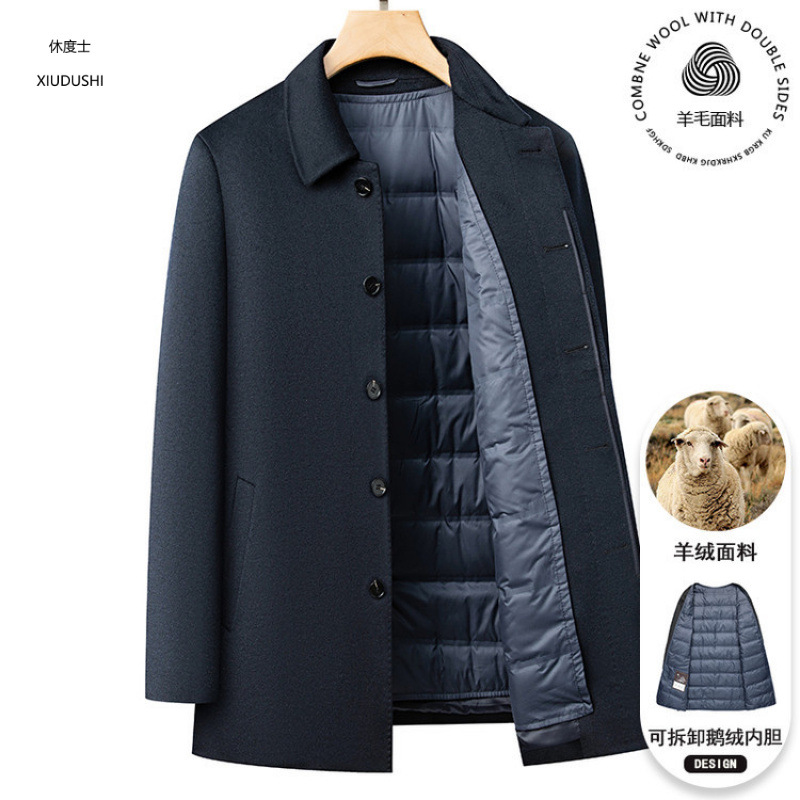 New men's wool and cashmere overcoat, mid-length, with detachable goose down lining and mulberry silk, perfect for autumn and winter.