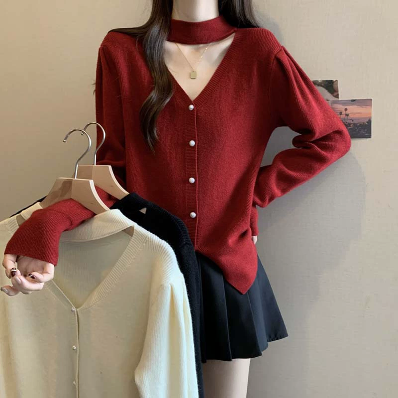 2024 Осень и зима новые бисерные однобортный вязаный свитер с V-образным вырезом