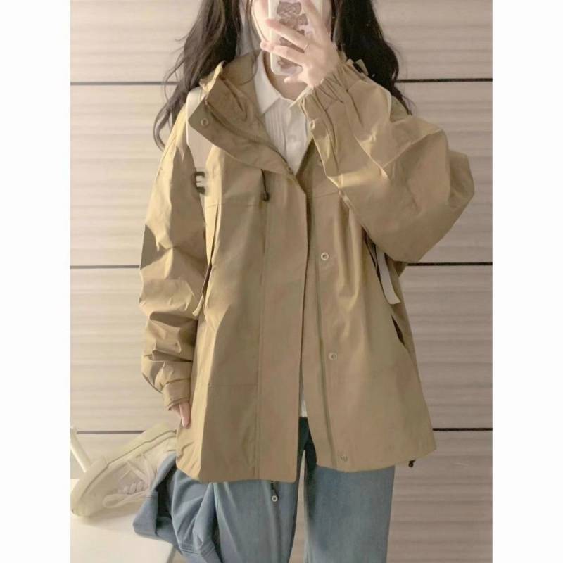 早春季oversize卡其色连帽冲锋衣女春秋宽松设计感工装夹克外套潮|undefined