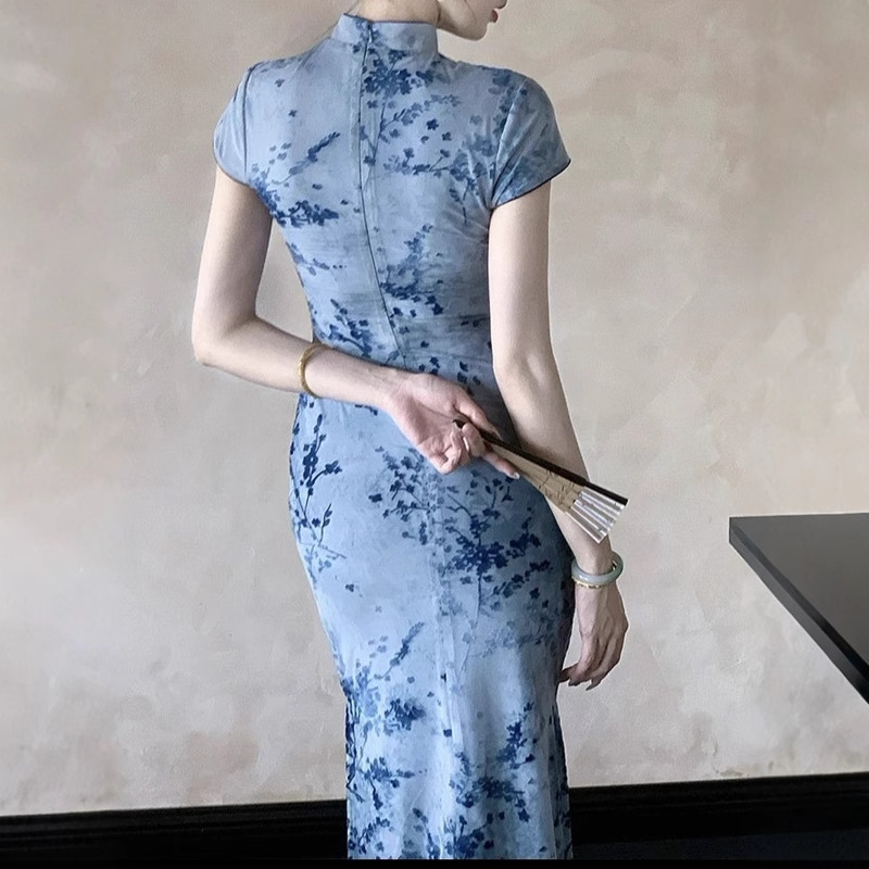 Plum Blossom Chinese Style Retro Modified For Women, Summer Cheongsam Collar Waist-Cinching Dress, 2025 New Model,_ecoleips.com