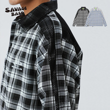 vintage美式复古网格解构拼接插肩袖春秋季百搭休闲情侣格子衬衫