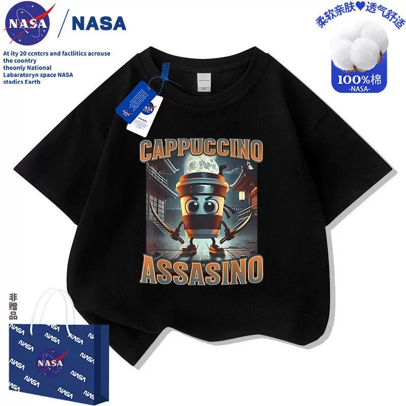 Детская футболка с коротким рукавом «NASA» с абстрактным принтом «Горы и моря», капучино, для мальчиков и девочек