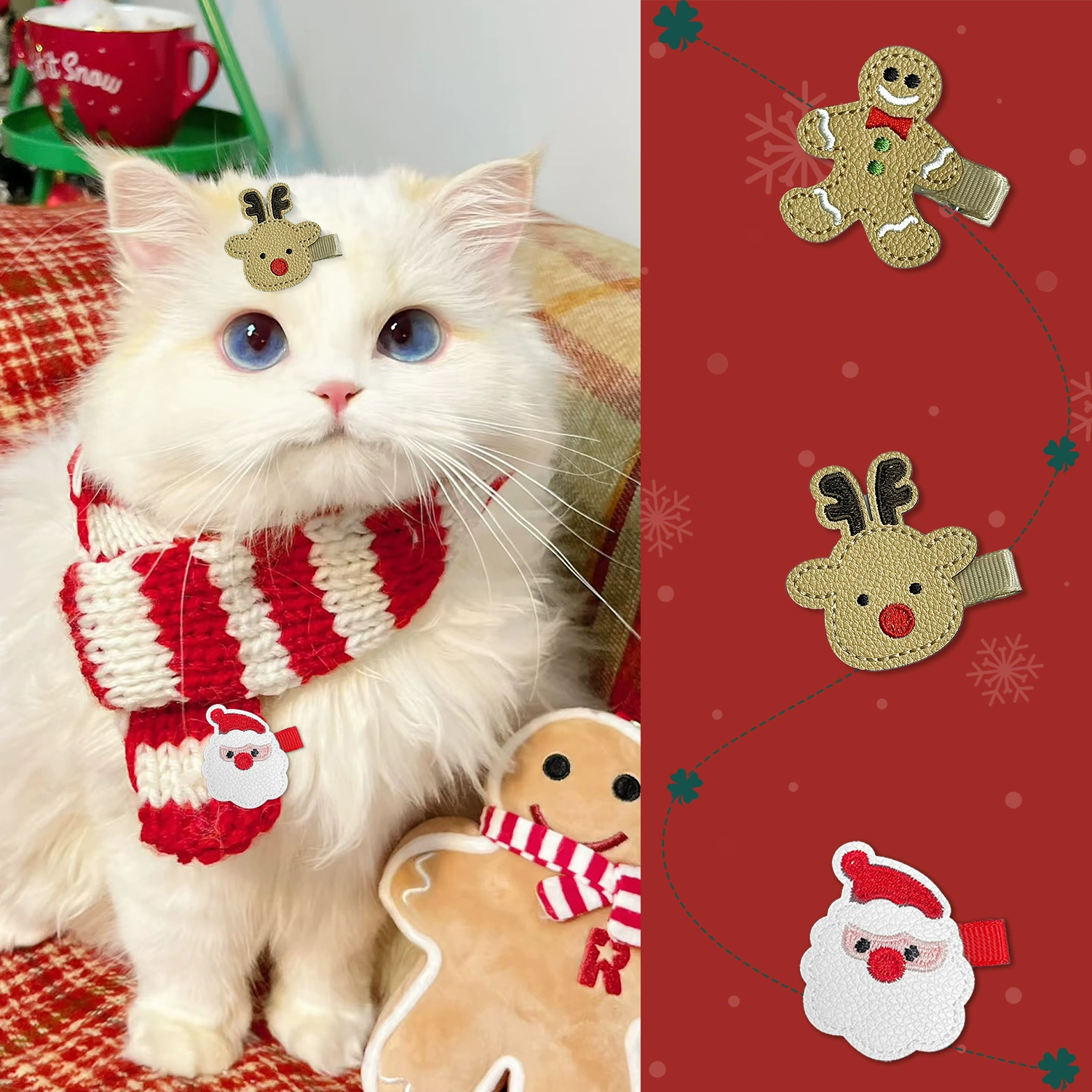 Домашние животные Рождественские пряничные заколки для волос Кошки Собаки Собаки Кожаный бант Банки Санта-Клаус Лось Головной убор