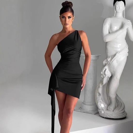 Cross-Border Amazon One-Shoulder Pleated Slit Sexy Satin Dress European and American Summer Temperament Slim Fit