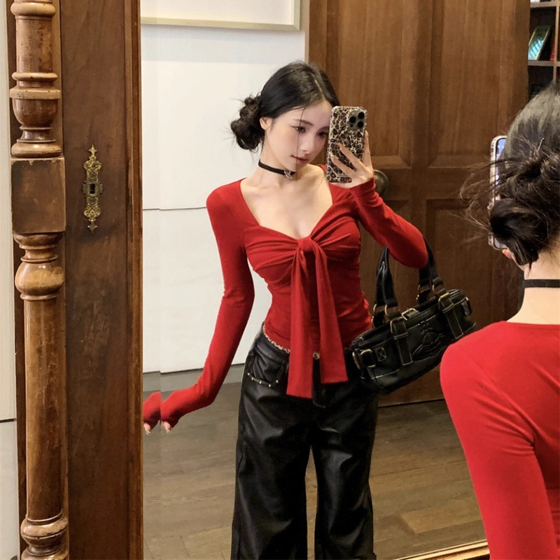 5186 # Early Autumn New Pure Desire Style Bow Brushed Warm Long-Sleeved T-Shirt Slimming Look Women's Fixed Belt Chest Pad Versatile