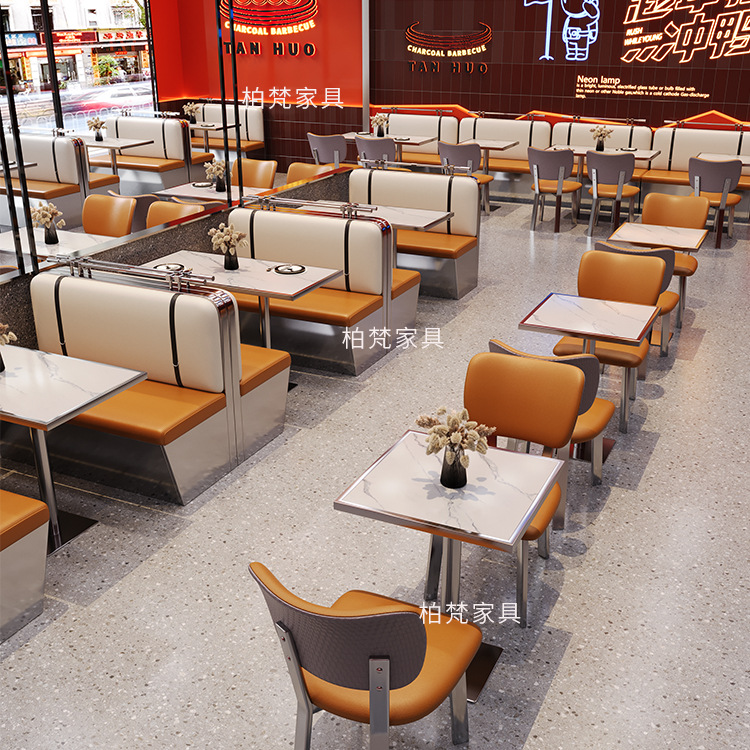 Foshan sofá de acero inoxidable asiento tarjeta mesa y silla restaurante de pescado asado estilo industrial comercial restaurante occidental Hotpot tienda de mesa y silla de barbacoa grupo