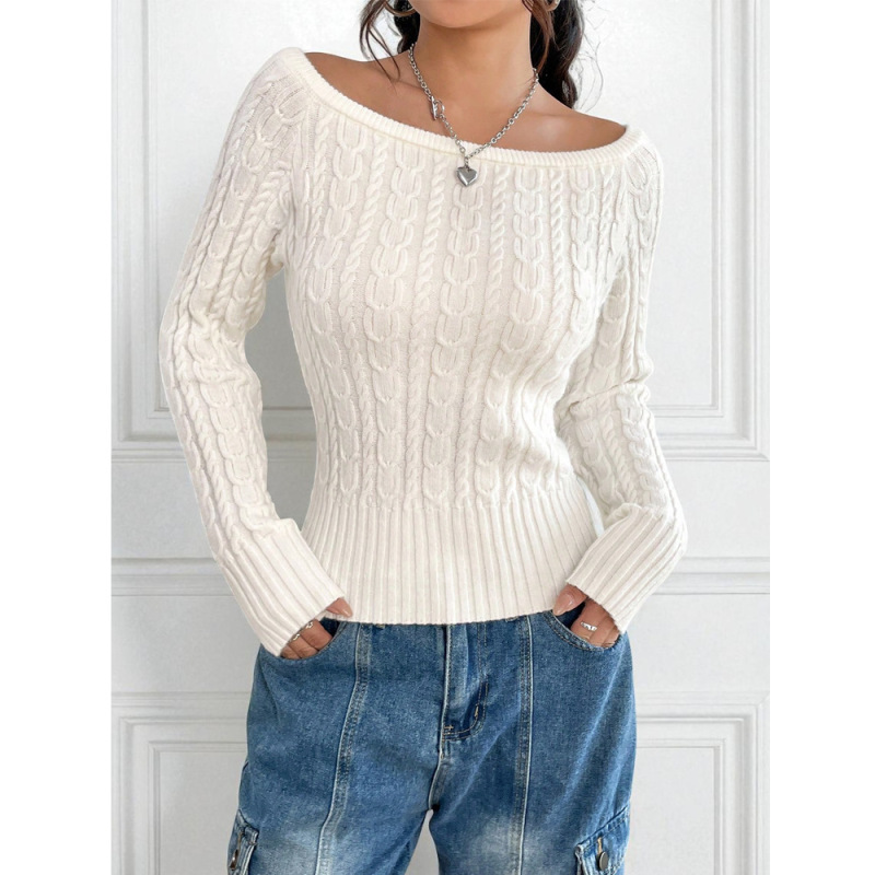 Autumn and Winter New Women's Slim-Fit Knitted Base Shirt European and American Cross-Border Off-Shoulder Cable Knit Sweater Off-Shoulder Top