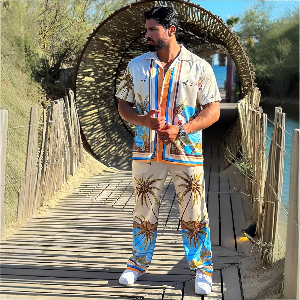 Traje de pantalones de manga corta con cuello cubano cómodo de estilo casual de vacaciones junto al mar hawaiano para hombre MB5-MR10