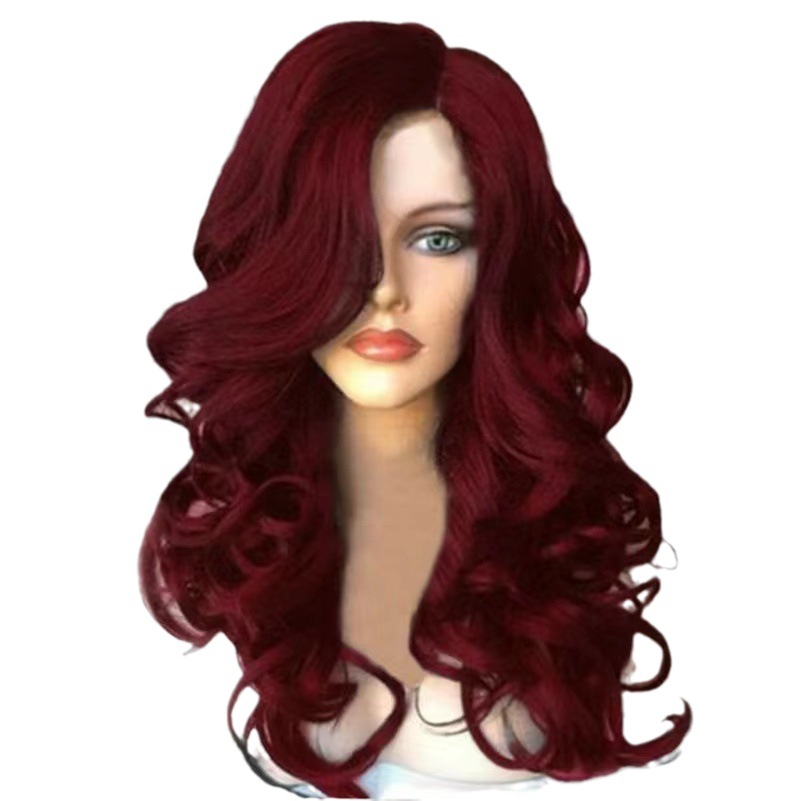 Parrucca lunga riccia color bordeaux con riga centrale, capelli sintetici mossi e voluminosi, extension per cosplay._voghion.com
