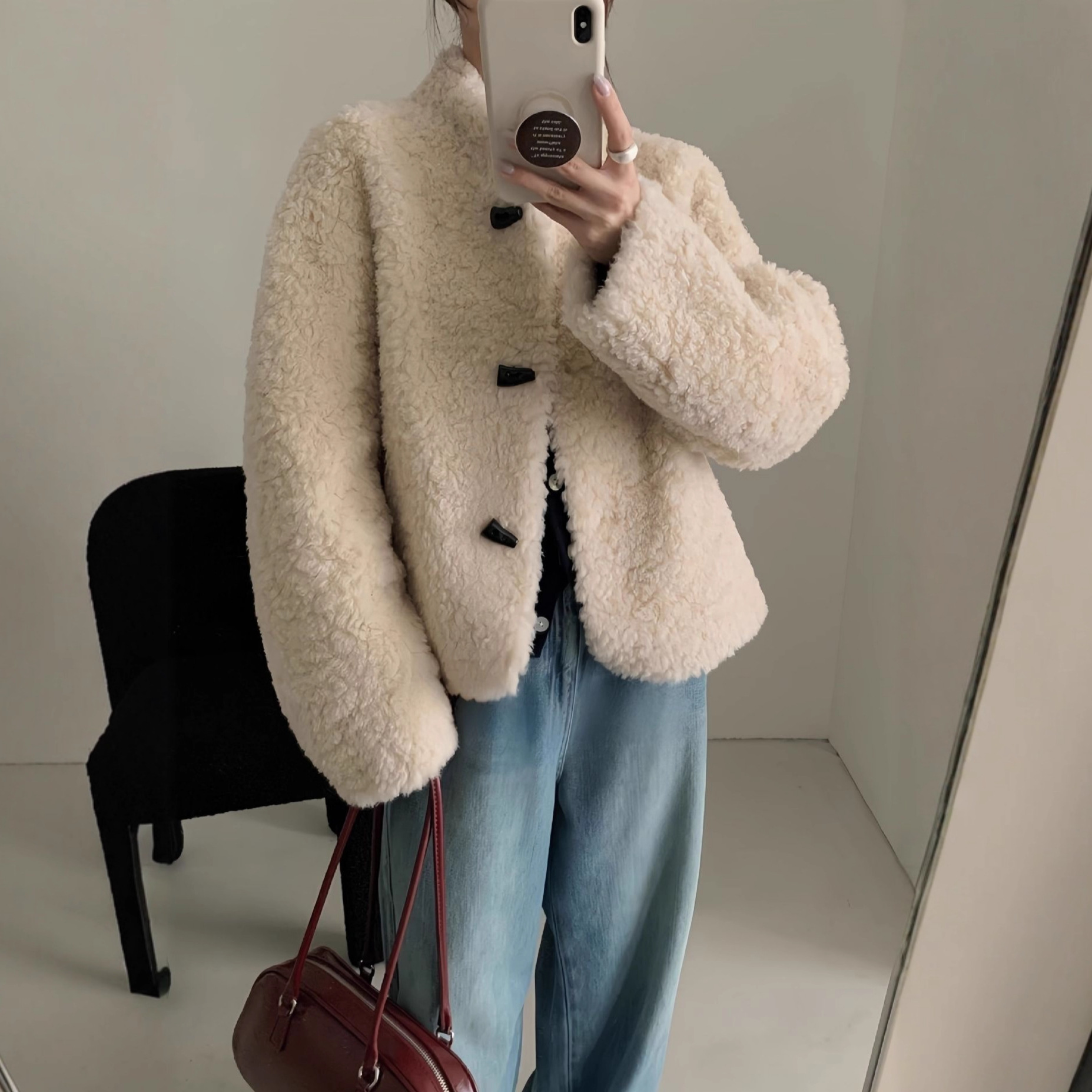 羊羔毛韩系2025秋冬季新款羊剪绒复合皮毛一体皮草外套女立领短款