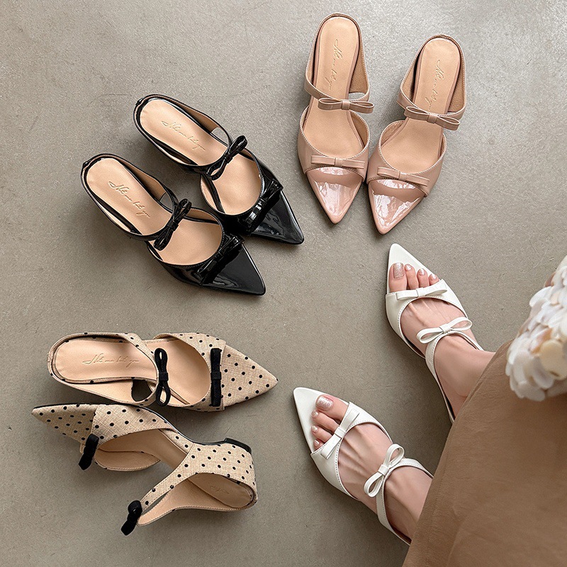 Apricot summer women's slippers wedge heel with bow pointed-toe