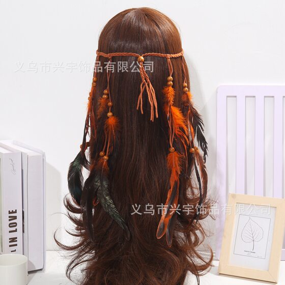 Ethnic Style Woven Rope Wooden Beads Feather Hair Band Women Bohemian Handmade Indian Holiday Party Hair Accessories Factory