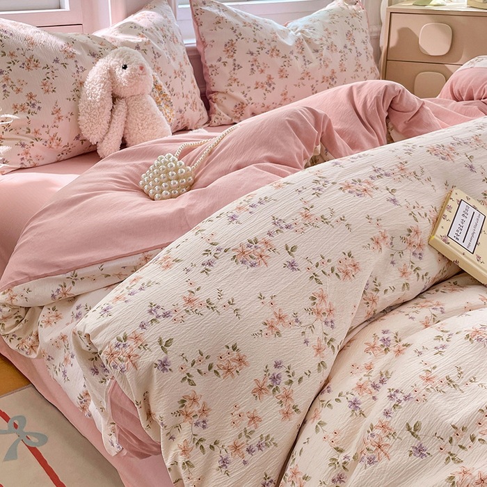 Double-Layer Gauze Student Three-Piece Bedding Set Floral Pastoral Style Duvet Cover Fitted Sheet Machine Washable Bed Sheet Style Four-Piece Set