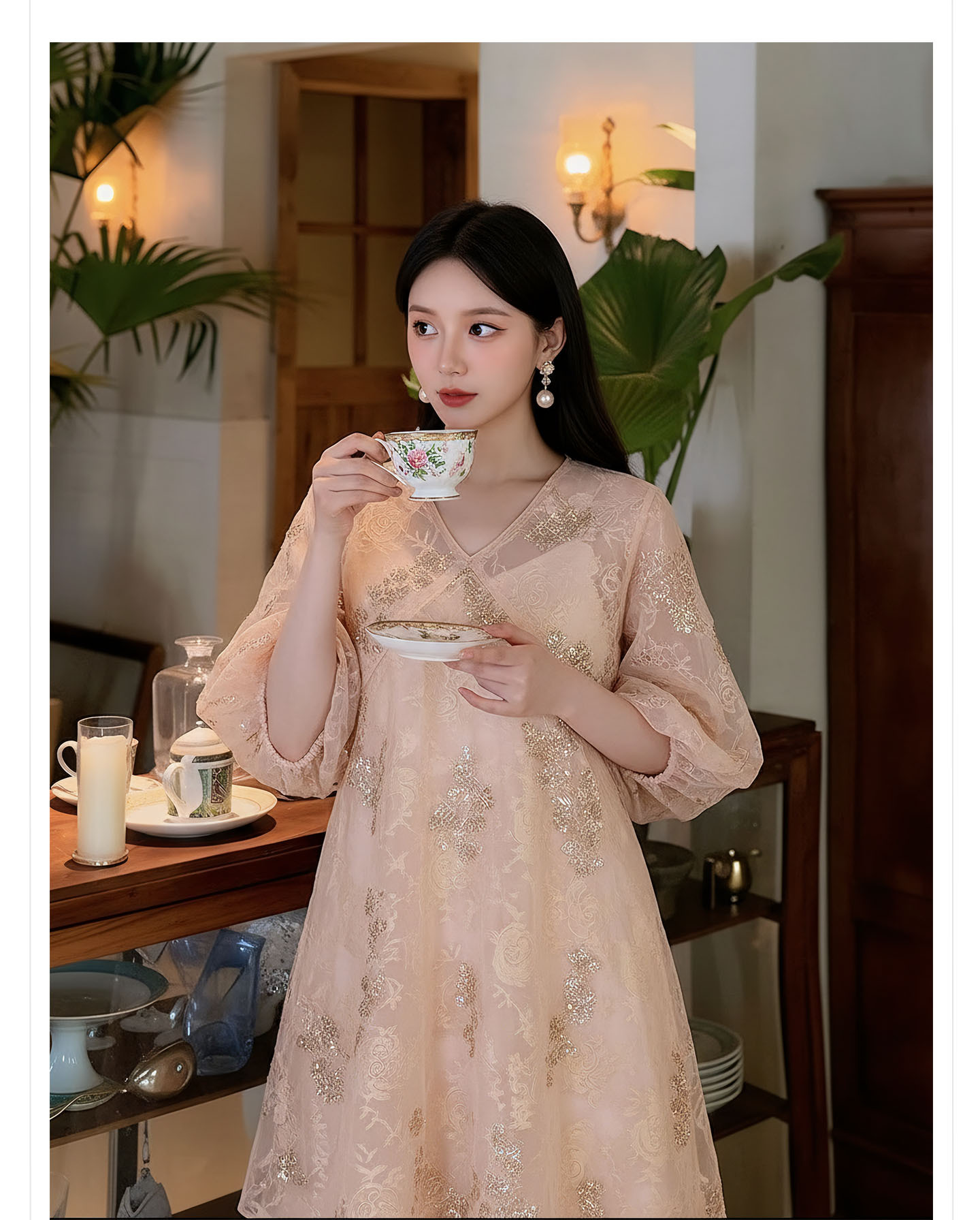 Đầm maxi nữ thắt eo họa tiết hoa thêu phong cách tân cổ điển hai dây — màu hồng chi tiết 7