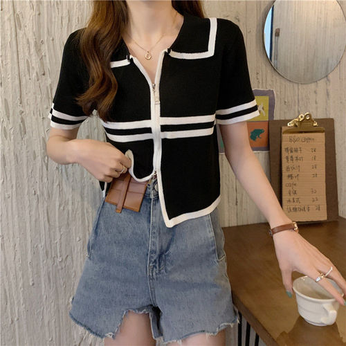  new summer niche design sweet and spicy POLO collar short-sleeved sweater thin ice silk top for women
