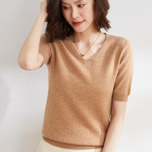 2022年春夏新款针织短袖女V领打底针织套头半袖毛衣宽松打底毛衫