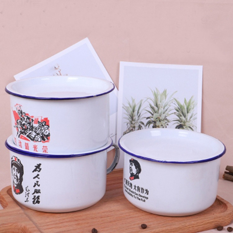 Taza de comida rápida esmaltada con cubierta de tazón de esmaltado de estilo antiguo gran tazón de almuerzo tazón de fideos bolos de bolos de comida de adultos estudiantes tazón de esmaltado