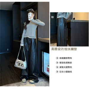 25新款松紧腰直筒哑光休闲皮裤女超舒适透气高腰显瘦显高长裤冬