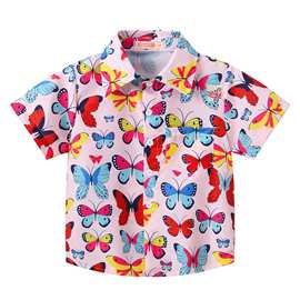 女童满铺印花衬衫新款小清新甜美短袖衬衣外套春秋百搭衣RG01