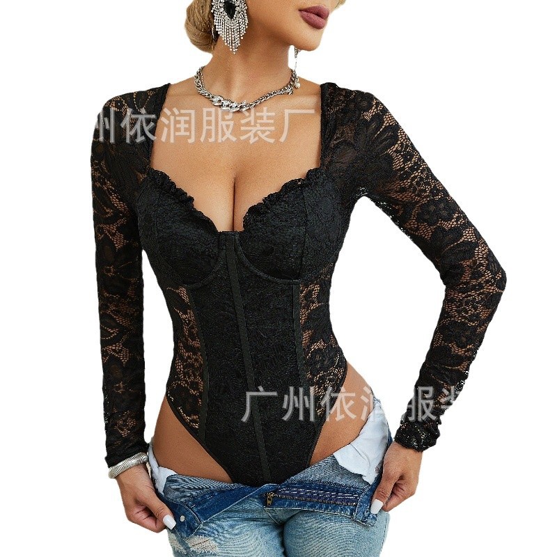 Body de Encaje Transparente con Corsé y Aros, Estilo Europeo y Americano, Ajustado y Sexy, Manga Larga, para Mujer, Otoño 2024