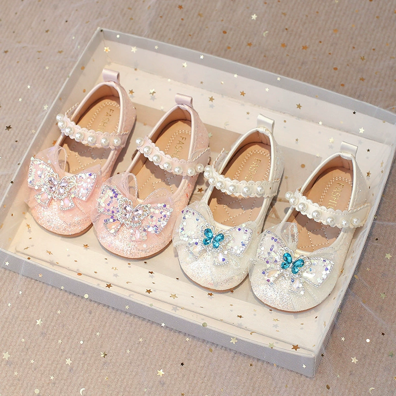 Footwear with rhinestones for princess, children's comfortable shoes for leather shoes, soft sole