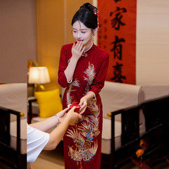 紅色蕾絲長款改良旗袍2024新款年輕款女復古中長袖婚禮新娘敬酒服