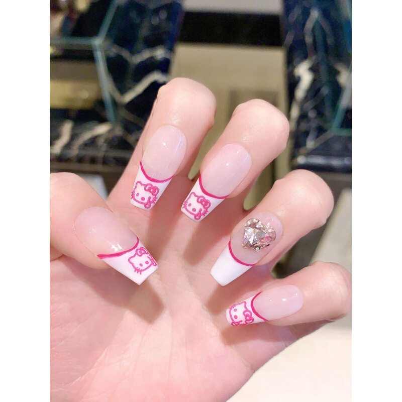 [original Real Shot] Purely Handmade Wearable Nails Internet Celebrity Hot Style Middle Finger Hello Kitty Manicure Patch Long Nails