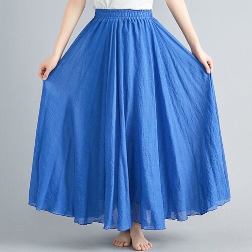 New ethnic-style retro Mori girl artistic large-flared solid-color slimming cotton-linen skirt with ruffled hem—women's midi skirt