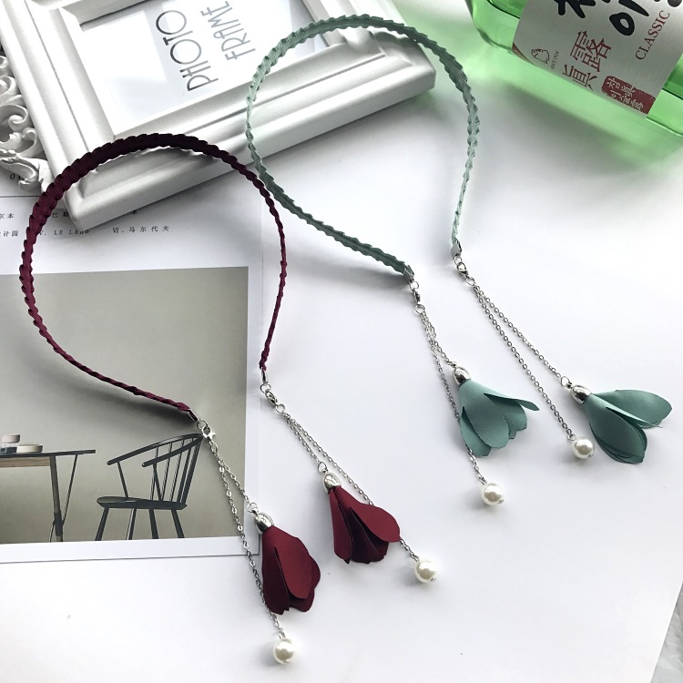 South Korea simple fabric headband flower Pearl fake earrings elegant all-match tassel pendant headband hairpin hair accessories
