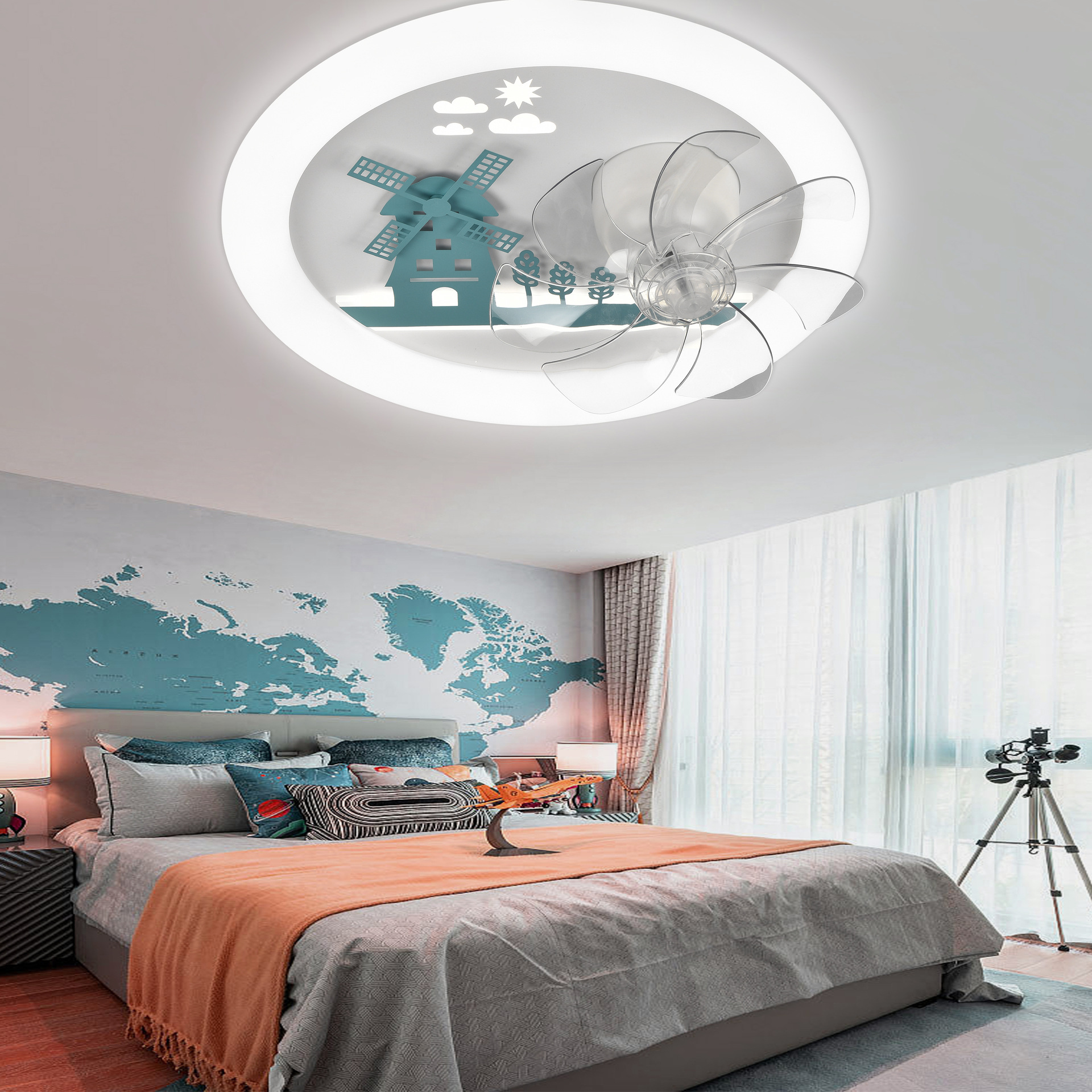 360 grados sacudiendo la cabeza lámpara de ventilador habitación de los niños lámpara de techo chica moda creativa dormitorio led cálido cambio de luz de tres velocidades