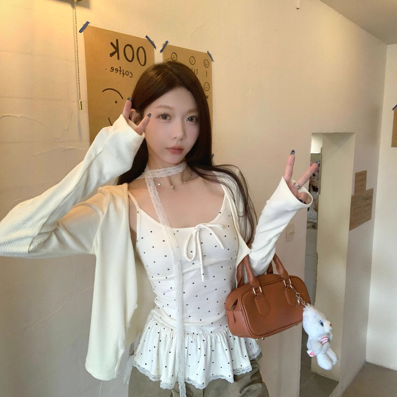 Sweet Style Ruffled Polka Dot Camisole Women's Autum Korean Hot Girl Top Cardigan Short Jacket Two-Piece Set