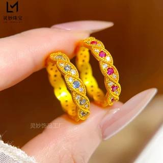 新中式沙金镶钻红蓝花丝麻花戒指线条轻奢指环简约百搭送女友礼物
